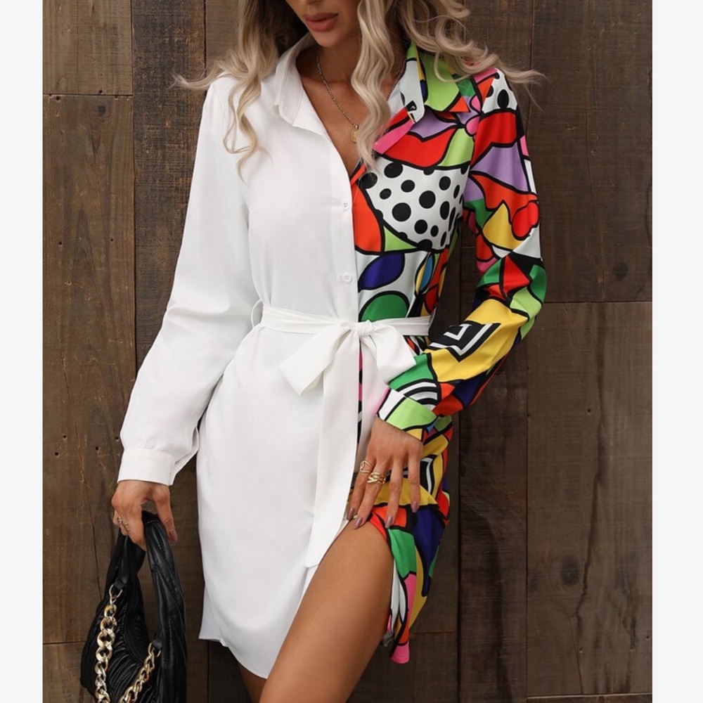 Elegant Abstract Geo Pop Art Print Long Sleeve Belted Button Down Shirt Dress - Picture 6 of 12
